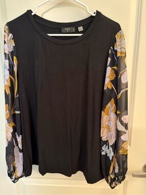 Tahari Black Top with Floral Sheer Long Sleeves